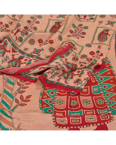 Sanskriti Vintage Indian Sari Peach Printed Blend Georgette Sarees Craft Fabric, PRG-7254-Shade Of Peach-Printed Floral Design-Blend Georgette-7