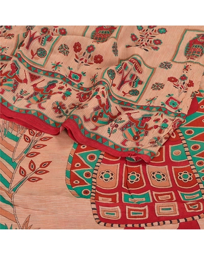 Sanskriti Vintage Indian Sari Peach Printed Blend Georgette Sarees Craft Fabric, PRG-7254-Shade Of Peach-Printed Floral Design-Blend Georgette-9