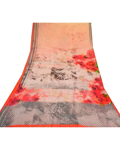 Sanskriti Vintage Saree Peach Digital Printed Blend Georgette Sari Craft Fabric, PRG-7255-Peach-Digital Printed Floral Design-Blend Georgette-8