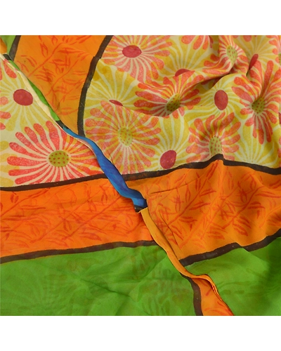 Sanskriti Vintage Indian Sari Pure Georgette Silk Printed Sarees Craft Fabric, PRG-7266-Multi-Printed Floral Design-Pure Georgette Silk-1