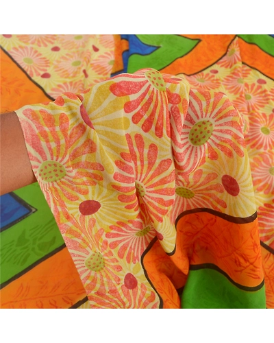 Sanskriti Vintage Indian Sari Pure Georgette Silk Printed Sarees Craft Fabric, PRG-7266-Multi-Printed Floral Design-Pure Georgette Silk-4