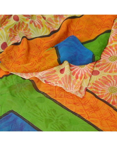 Sanskriti Vintage Indian Sari Pure Georgette Silk Printed Sarees Craft Fabric, PRG-7266-Multi-Printed Floral Design-Pure Georgette Silk-7