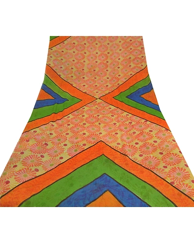 Sanskriti Vintage Indian Sari Pure Georgette Silk Printed Sarees Craft Fabric, PRG-7266-Multi-Printed Floral Design-Pure Georgette Silk-8