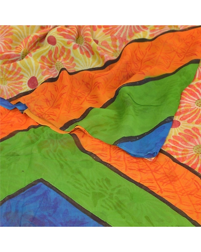 Sanskriti Vintage Indian Sari Pure Georgette Silk Printed Sarees Craft Fabric, PRG-7266-Multi-Printed Floral Design-Pure Georgette Silk-9