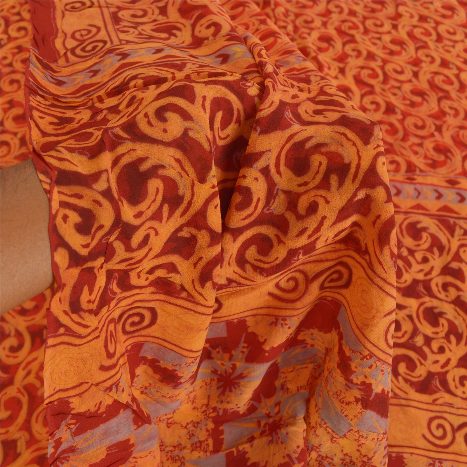 Sanskriti Vintage Rusty Orange Sari Printed Blend Georgette Sarees Craft Fabric, PRG-7304-Rusty Orange-Printed Floral Design-Blend Georgette-4