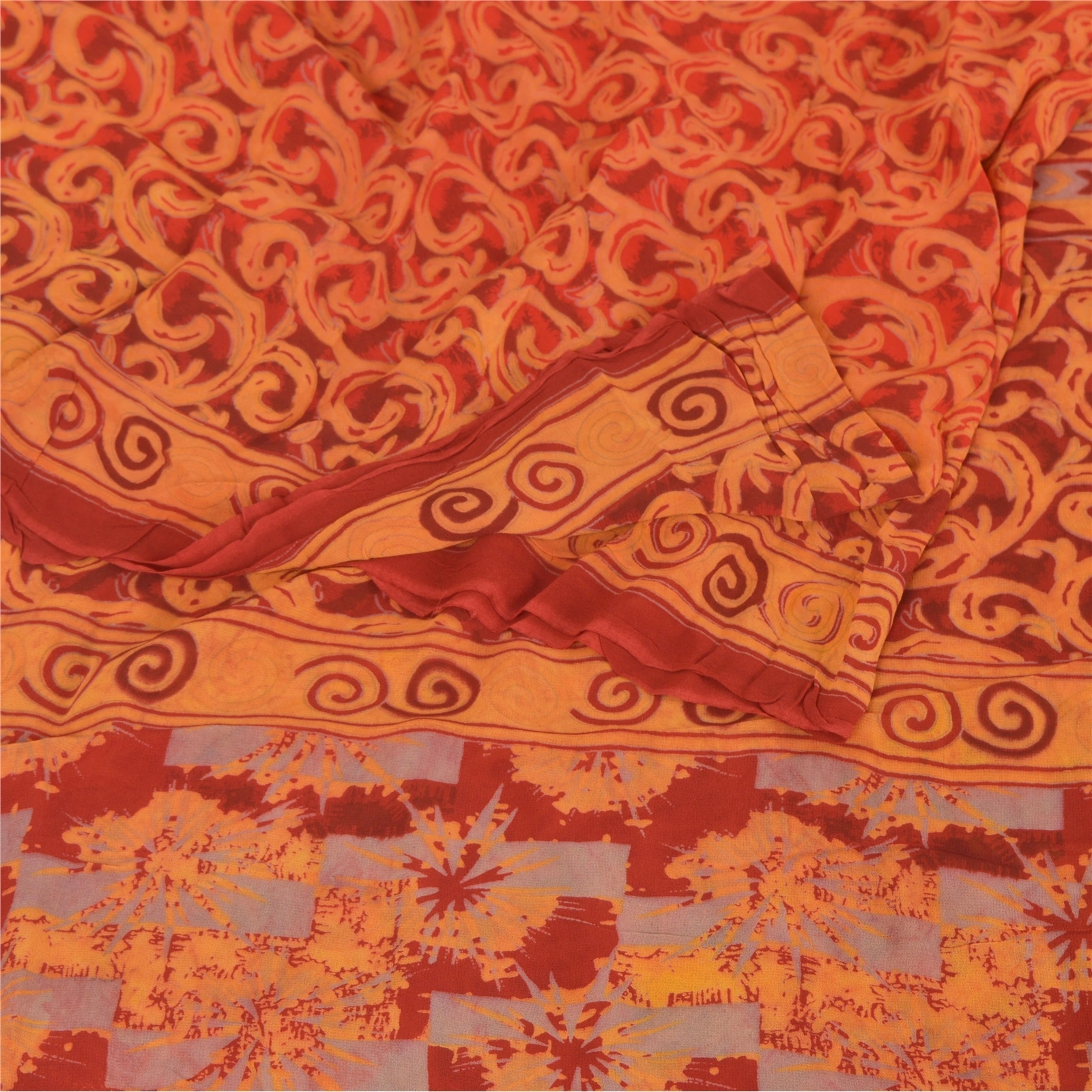 Sanskriti Vintage Rusty Orange Sari Printed Blend Georgette Sarees Craft Fabric, PRG-7304-Rusty Orange-Printed Floral Design-Blend Georgette-7