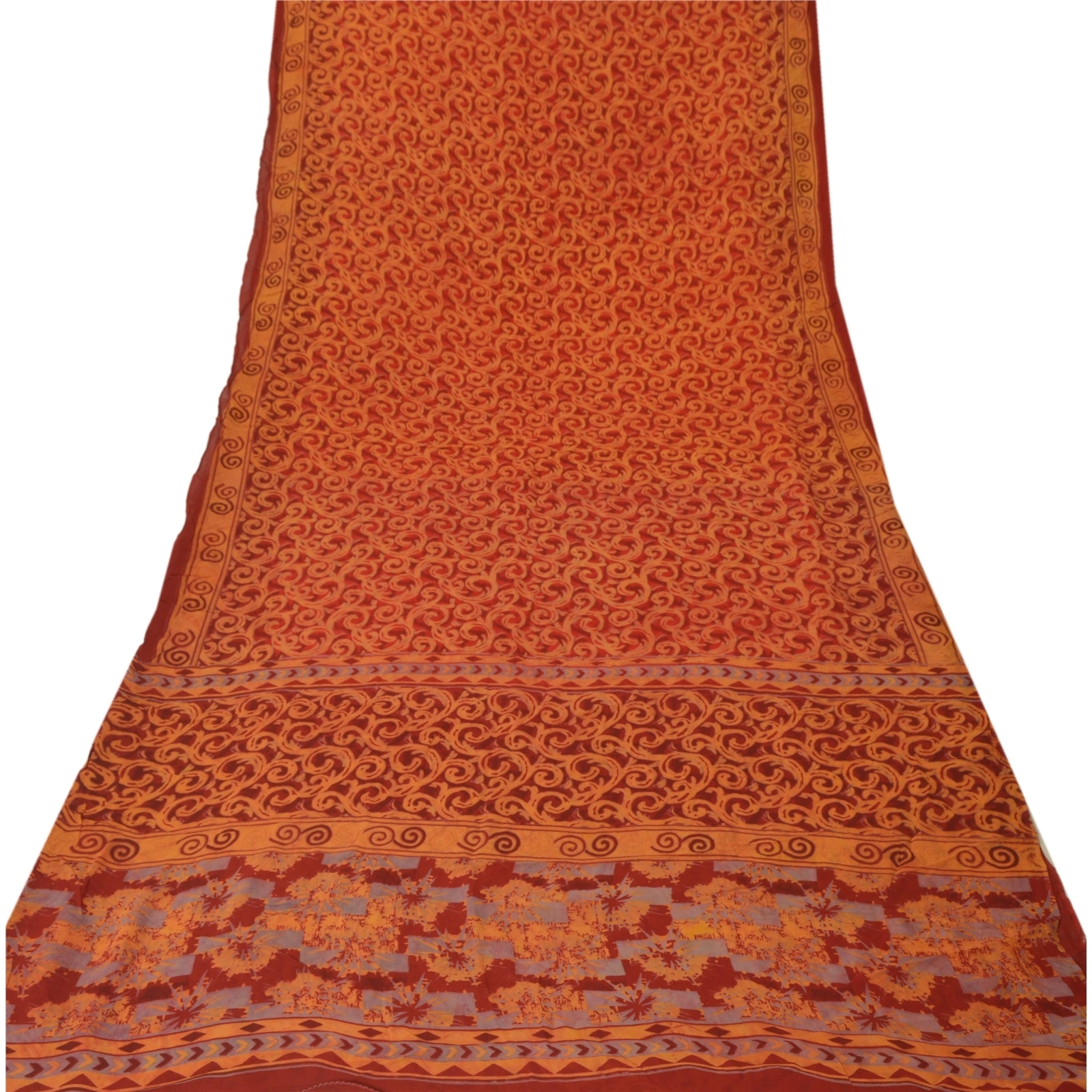 Sanskriti Vintage Rusty Orange Sari Printed Blend Georgette Sarees Craft Fabric, PRG-7304-Rusty Orange-Printed Floral Design-Blend Georgette-8