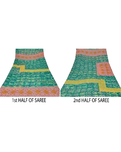 Sanskriti Vintage Indian Sari Green Printed Blend Georgette Sarees Craft Fabric, PRG-7320-Green-Printed Floral Design-Blend Georgette-5