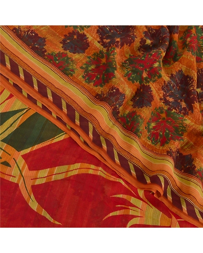Sanskriti Vintage Indian Sari Pure Georgette Silk Printed Sarees Craft Fabric, PRG-7328-Multi-Printed Floral Design-Pure Georgette Silk-1