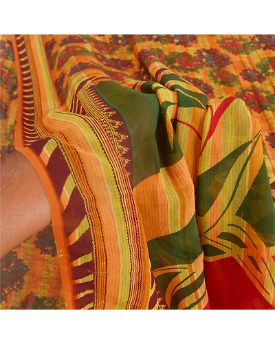 Sanskriti Vintage Indian Sari Pure Georgette Silk Printed Sarees Craft Fabric, PRG-7328-Multi-Printed Floral Design-Pure Georgette Silk-4
