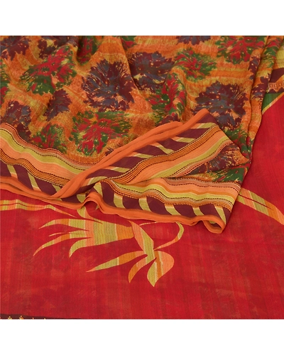 Sanskriti Vintage Indian Sari Pure Georgette Silk Printed Sarees Craft Fabric, PRG-7328-Multi-Printed Floral Design-Pure Georgette Silk-7