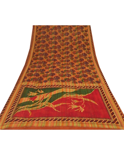 Sanskriti Vintage Indian Sari Pure Georgette Silk Printed Sarees Craft Fabric, PRG-7328-Multi-Printed Floral Design-Pure Georgette Silk-8