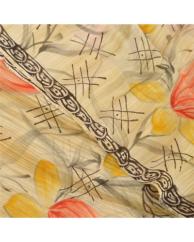 Sanskriti Vintage Indian Sari Cream Printed Blend Georgette Sarees Craft Fabric, PRG-7333-Cream-Printed Floral Design-Blend Georgette-1