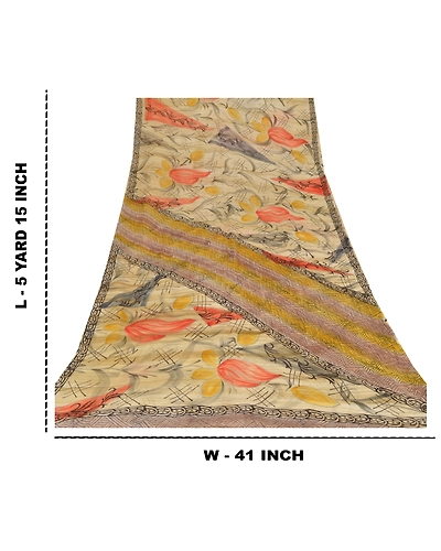 Sanskriti Vintage Indian Sari Cream Printed Blend Georgette Sarees Craft Fabric, PRG-7333-Cream-Printed Floral Design-Blend Georgette-3