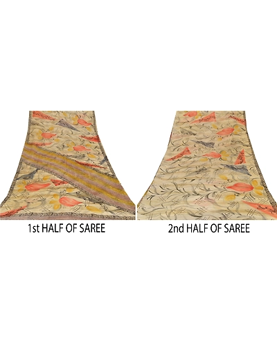 Sanskriti Vintage Indian Sari Cream Printed Blend Georgette Sarees Craft Fabric, PRG-7333-Cream-Printed Floral Design-Blend Georgette-5