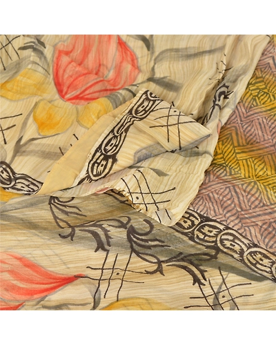 Sanskriti Vintage Indian Sari Cream Printed Blend Georgette Sarees Craft Fabric, PRG-7333-Cream-Printed Floral Design-Blend Georgette-7