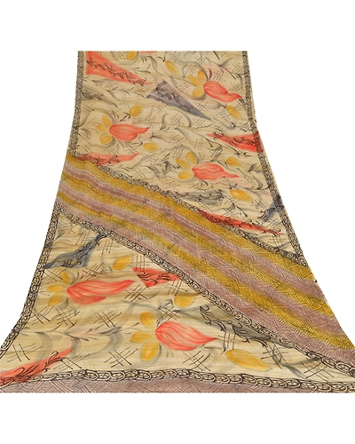 Sanskriti Vintage Indian Sari Cream Printed Blend Georgette Sarees Craft Fabric, PRG-7333-Cream-Printed Floral Design-Blend Georgette-8