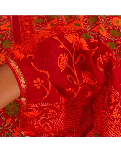 Sanskriti Vintage Dark Red Sari Printed Blend Georgette Sarees Craft Fabric, PRG-7344-Dark Red-Printed Floral Design-Blend Georgette-4