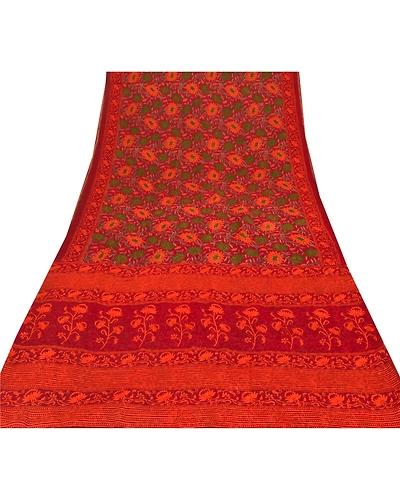 Sanskriti Vintage Dark Red Sari Printed Blend Georgette Sarees Craft Fabric, PRG-7344-Dark Red-Printed Floral Design-Blend Georgette-8