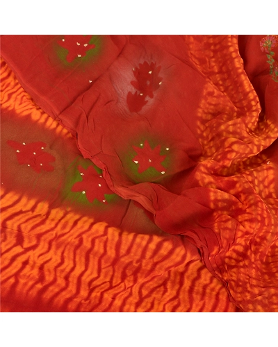 Sanskriti Vintage Sarees Blend Georgette Printed Leheria Fabric Craft Sari, PRG-7389-Dark Red &amp; Orange-Printed Work-Blend Georgette-1