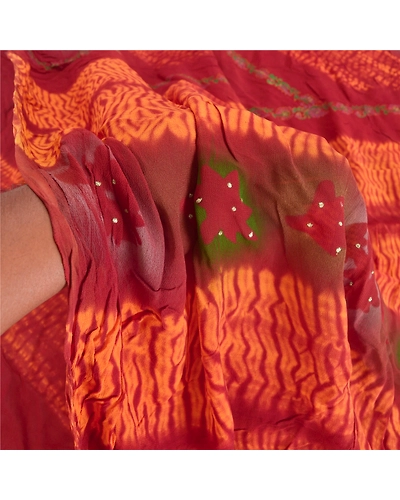 Sanskriti Vintage Sarees Blend Georgette Printed Leheria Fabric Craft Sari, PRG-7389-Dark Red &amp; Orange-Printed Work-Blend Georgette-4