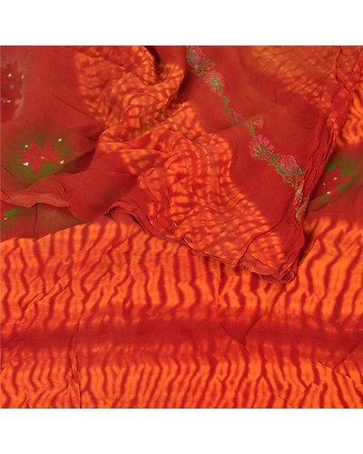 Sanskriti Vintage Sarees Blend Georgette Printed Leheria Fabric Craft Sari, PRG-7389-Dark Red &amp; Orange-Printed Work-Blend Georgette-9