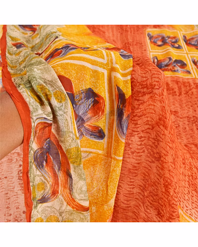 Sanskriti Vintage Indian Sari Blend Georgette Printed Fabric Craft 5 Yd Sarees, PRG-7449-Multi Color-Printed Work-Blend Georgette-4