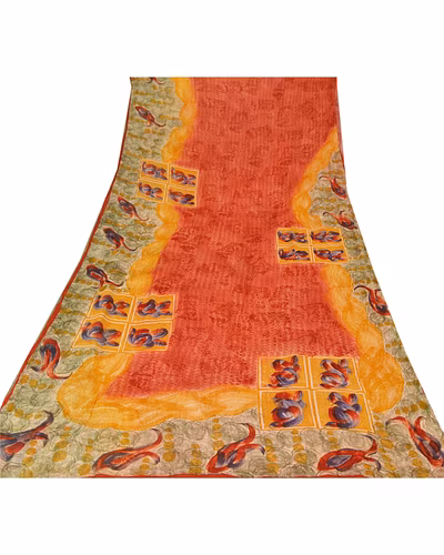 Sanskriti Vintage Indian Sari Blend Georgette Printed Fabric Craft 5 Yd Sarees, PRG-7449-Multi Color-Printed Work-Blend Georgette-8