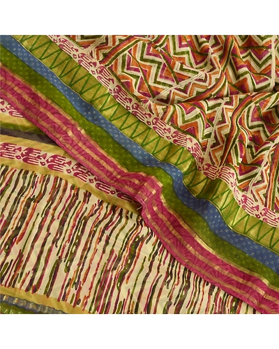 Sanskriti Vintage Indian Sari Pure Georgette Silk Printed Fabric Craft Sarees, PRG-7466-Multi Color-Printed Work-Pure Georgette Silk-1