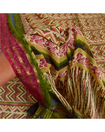 Sanskriti Vintage Indian Sari Pure Georgette Silk Printed Fabric Craft Sarees, PRG-7466-Multi Color-Printed Work-Pure Georgette Silk-4
