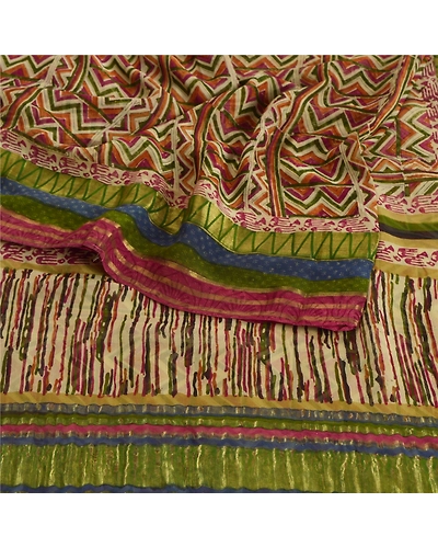 Sanskriti Vintage Indian Sari Pure Georgette Silk Printed Fabric Craft Sarees, PRG-7466-Multi Color-Printed Work-Pure Georgette Silk-9
