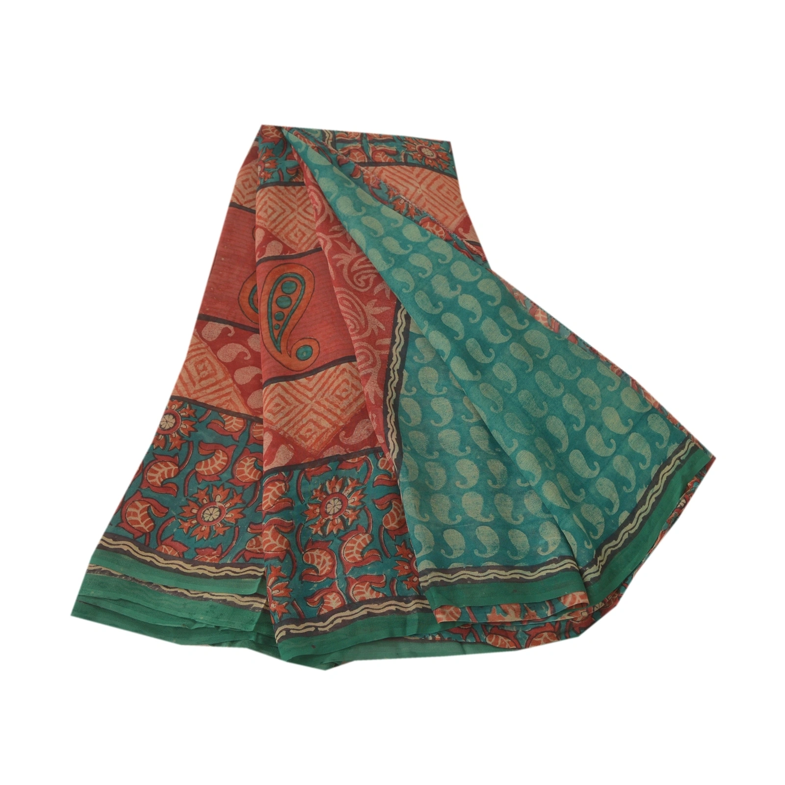 Sanskriti Vintage Green Sarees Pure Georgette Silk Printed Fabric Craft Sari, PRG-7482-Green &amp; Shade Of Brick Red-Printed Work-Pure Georgette Silk-2