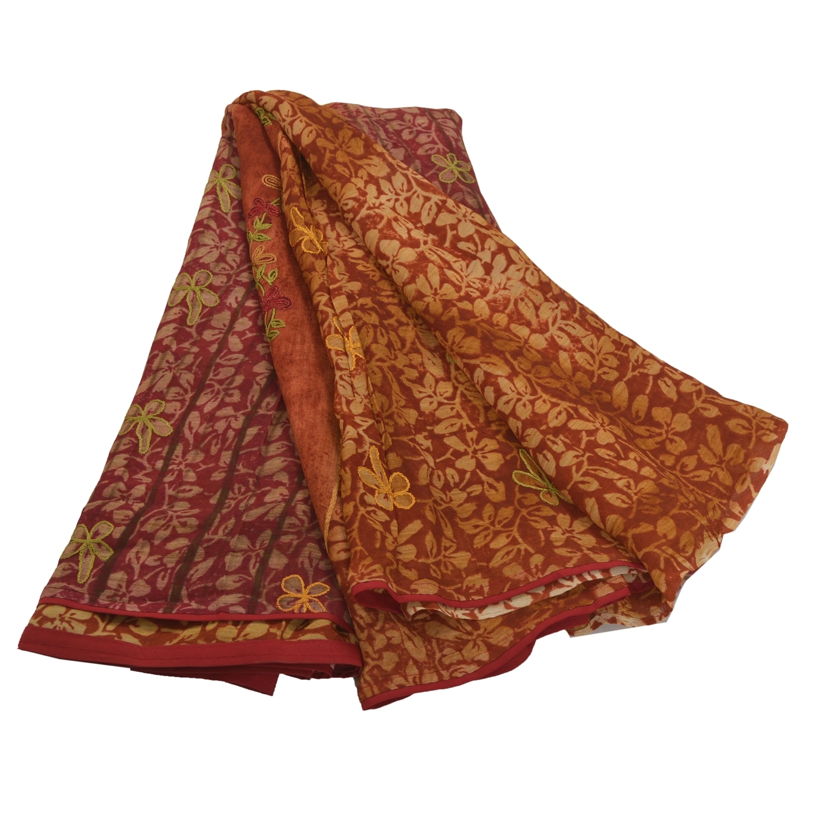 Sanskriti Vintage Dark Red Sarees Blend Georgette Printed Fabric Craft Sari, PRG-7492-Dark Red &amp; Saffron-Printed Work-Blend Georgette-1