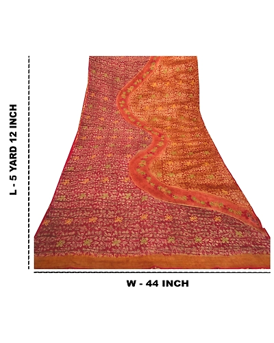 Sanskriti Vintage Dark Red Sarees Blend Georgette Printed Fabric Craft Sari, PRG-7492-Dark Red &amp; Saffron-Printed Work-Blend Georgette-2