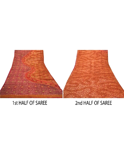 Sanskriti Vintage Dark Red Sarees Blend Georgette Printed Fabric Craft Sari, PRG-7492-Dark Red &amp; Saffron-Printed Work-Blend Georgette-5