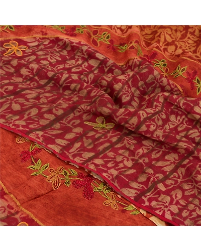 Sanskriti Vintage Dark Red Sarees Blend Georgette Printed Fabric Craft Sari, PRG-7492-Dark Red &amp; Saffron-Printed Work-Blend Georgette-6