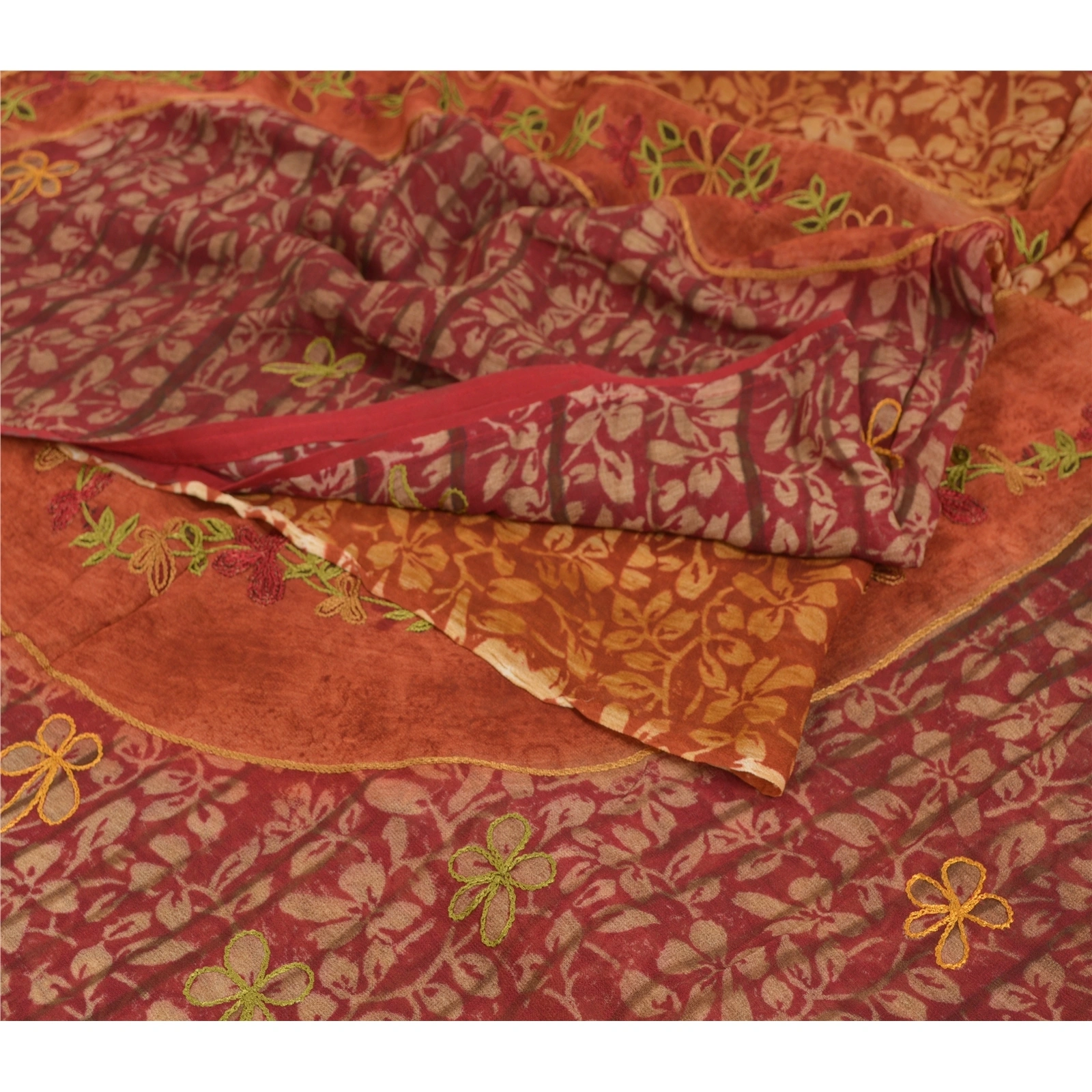 Sanskriti Vintage Dark Red Sarees Blend Georgette Printed Fabric Craft Sari, PRG-7492-Dark Red &amp; Saffron-Printed Work-Blend Georgette-7