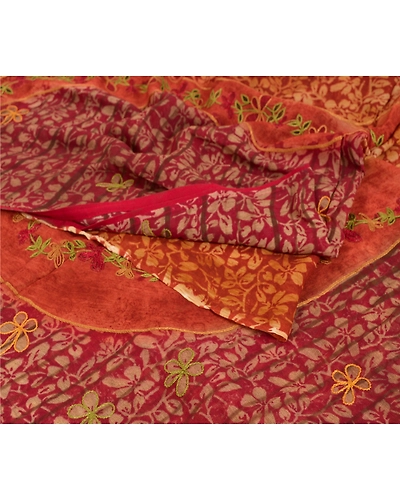 Sanskriti Vintage Dark Red Sarees Blend Georgette Printed Fabric Craft Sari, PRG-7492-Dark Red &amp; Saffron-Printed Work-Blend Georgette-7