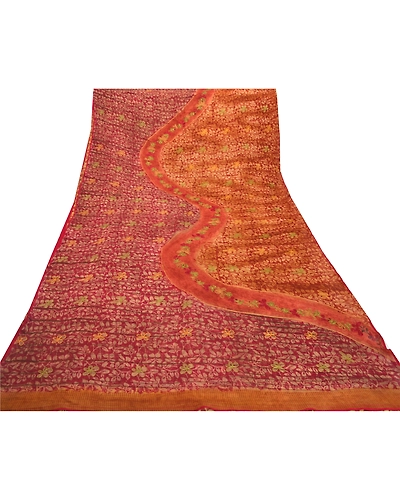 Sanskriti Vintage Dark Red Sarees Blend Georgette Printed Fabric Craft Sari, PRG-7492-Dark Red &amp; Saffron-Printed Work-Blend Georgette-8