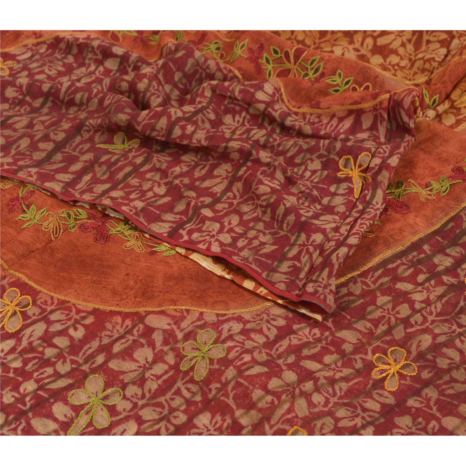 Sanskriti Vintage Dark Red Sarees Blend Georgette Printed Fabric Craft Sari, PRG-7492-Dark Red &amp; Saffron-Printed Work-Blend Georgette-9