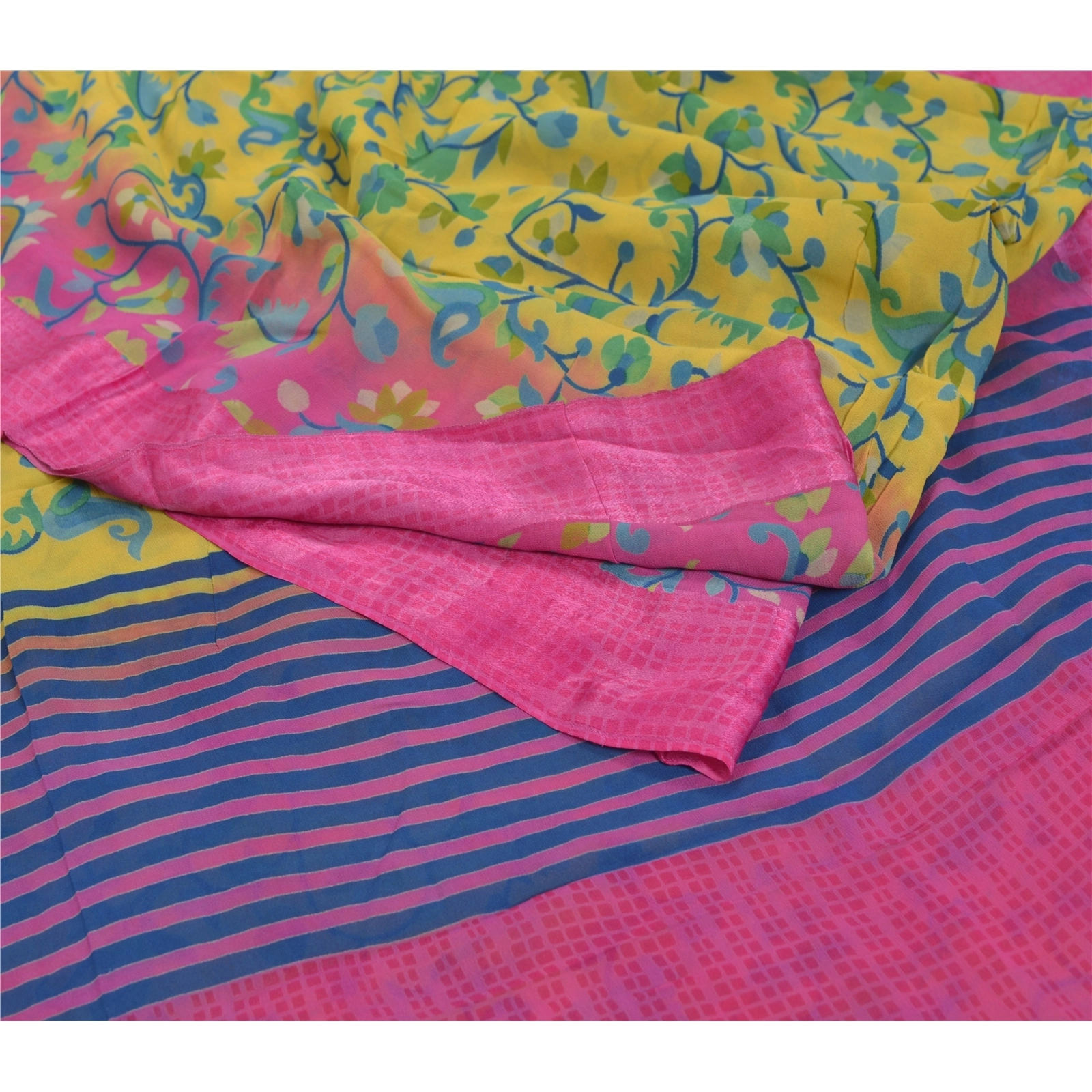 Sanskriti Vintage Lemon Sarees Blend Georgette Printed Fabric Craft Decor Sari, PRG-7503-Pink &amp; Lemon-Printed Work-Blend Georgette-7