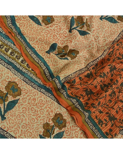 Sanskriti Vintage Orange Sarees Pure Georgette Silk Fabric Craft Printed Sari, PRG-7537-Shade Of Orange &amp; Cream-Printed Work-Pure Georgette Silk-1