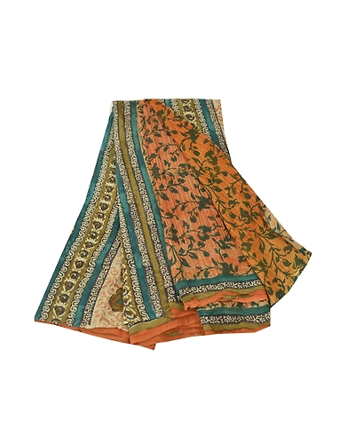 Sanskriti Vintage Orange Sarees Pure Georgette Silk Fabric Craft Printed Sari, PRG-7537-Shade Of Orange &amp; Cream-Printed Work-Pure Georgette Silk-2