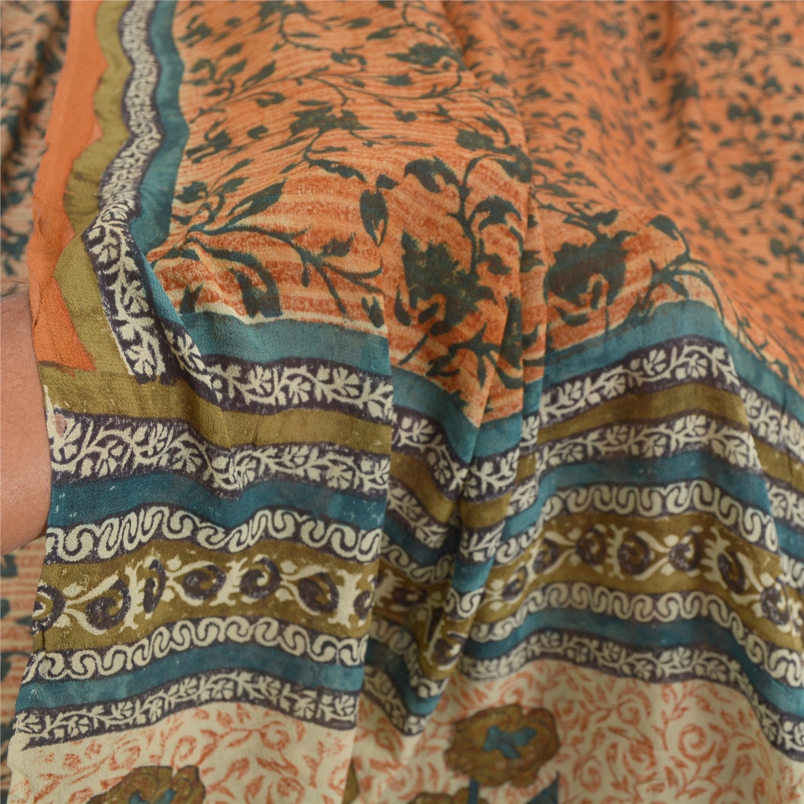 Sanskriti Vintage Orange Sarees Pure Georgette Silk Fabric Craft Printed Sari, PRG-7537-Shade Of Orange &amp; Cream-Printed Work-Pure Georgette Silk-4