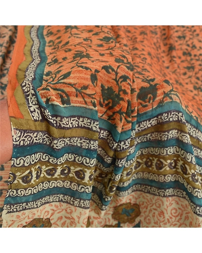 Sanskriti Vintage Orange Sarees Pure Georgette Silk Fabric Craft Printed Sari, PRG-7537-Shade Of Orange &amp; Cream-Printed Work-Pure Georgette Silk-4