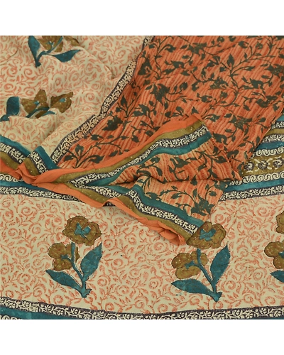 Sanskriti Vintage Orange Sarees Pure Georgette Silk Fabric Craft Printed Sari, PRG-7537-Shade Of Orange &amp; Cream-Printed Work-Pure Georgette Silk-7