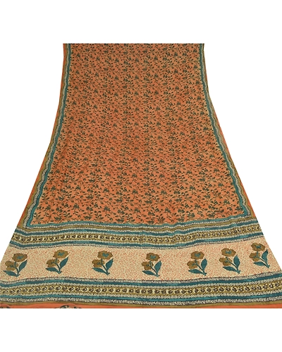 Sanskriti Vintage Orange Sarees Pure Georgette Silk Fabric Craft Printed Sari, PRG-7537-Shade Of Orange &amp; Cream-Printed Work-Pure Georgette Silk-8