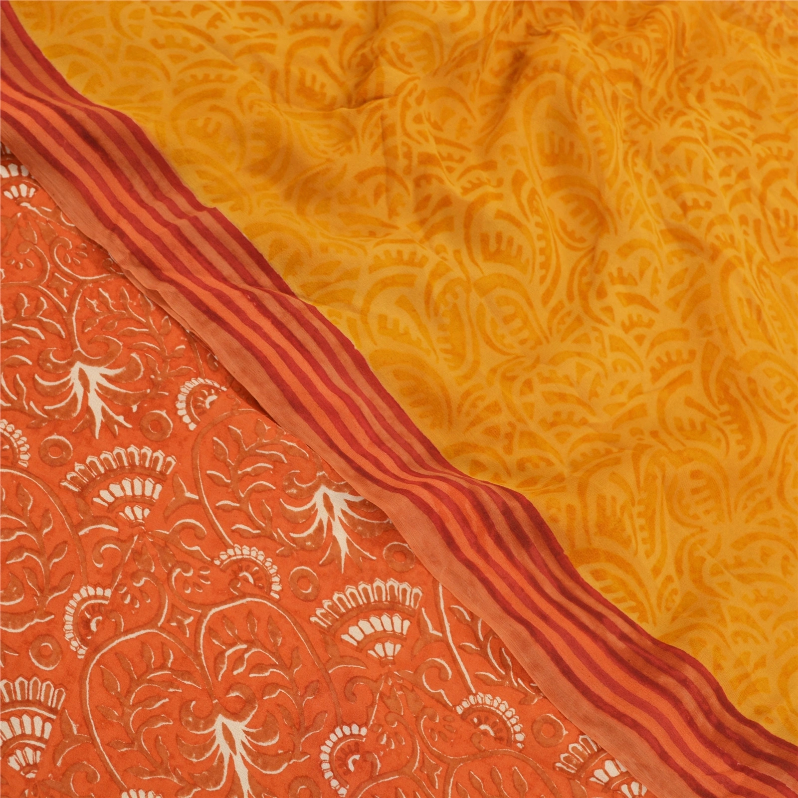 Sanskriti Vintage Yellow Sarees Pure Georgette Silk Fabric Craft Printed Sari, PRG-7587-Orange &amp; Yellow-Printed Work-Pure Georgette Silk-1