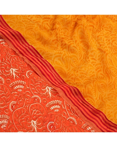 Sanskriti Vintage Yellow Sarees Pure Georgette Silk Fabric Craft Printed Sari, PRG-7587-Orange &amp; Yellow-Printed Work-Pure Georgette Silk-1