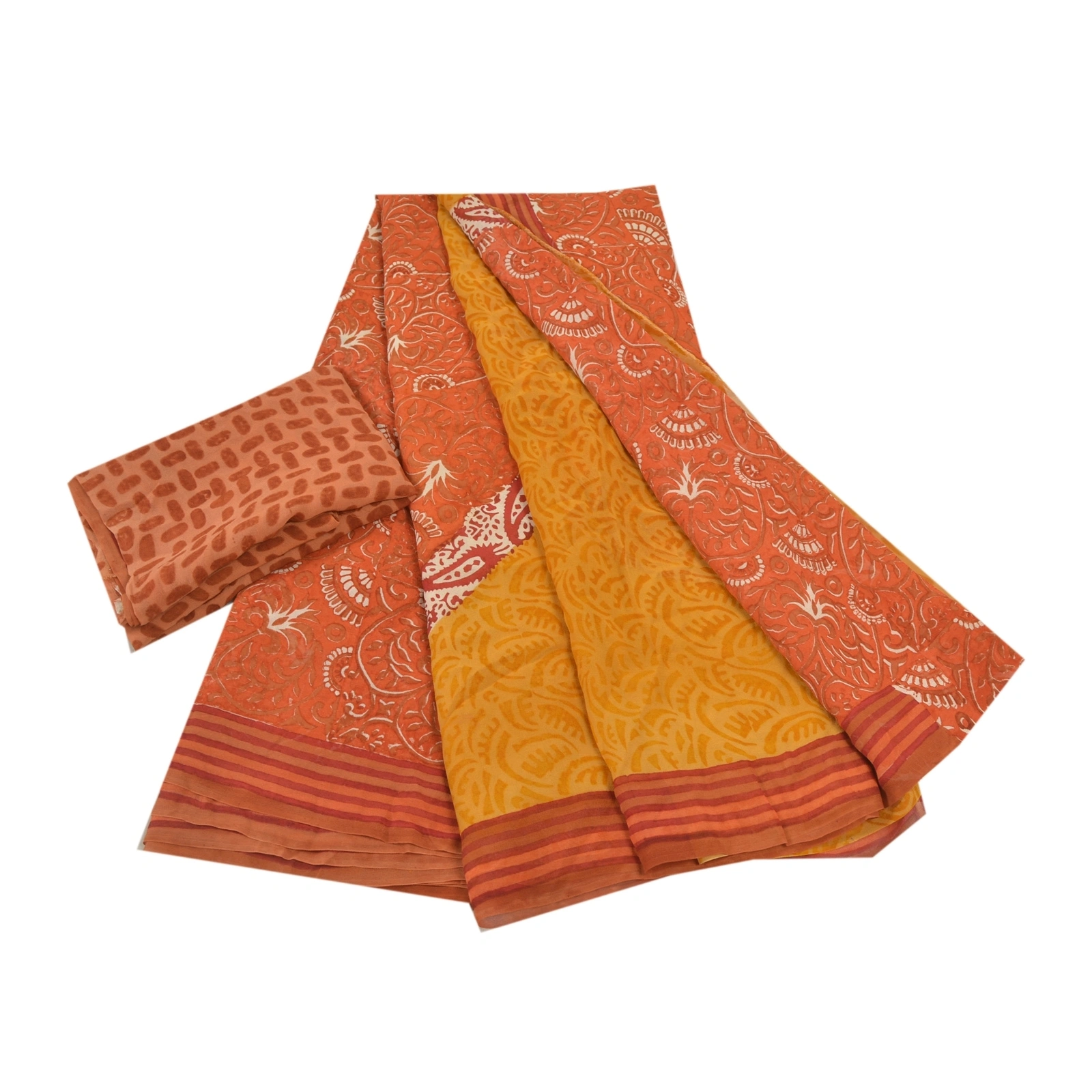 Sanskriti Vintage Yellow Sarees Pure Georgette Silk Fabric Craft Printed Sari, PRG-7587-Orange &amp; Yellow-Printed Work-Pure Georgette Silk-2